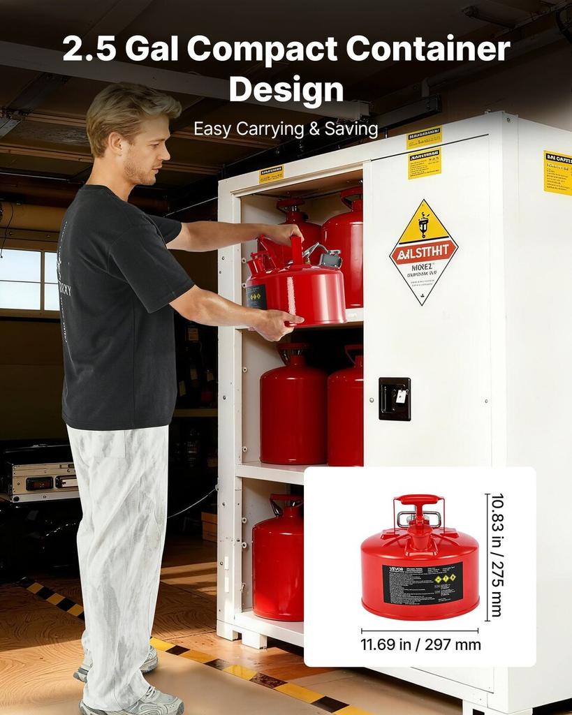 Safety Gas Can, 9.5 L Type II Red Safety Can for Gasoline with Stainless Steel Flame Arrester, Self-Closing Lid, and Flexible Metal Spout, Carbon
