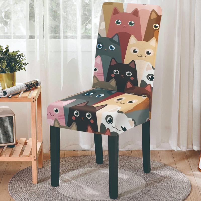 Süßes Haustier-Hundekatze-Muster, Cartoon-Stil, staubdicht, hohe Rückenlehne, Stretch-Bürostuhlschutz, elastische Sitzbezüge für Esszimmer