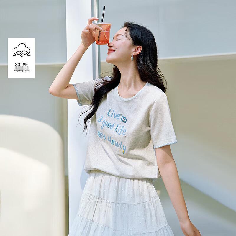 INMAN 2025 Summer Women's Sequin Embroidered Cotton T-Shirt