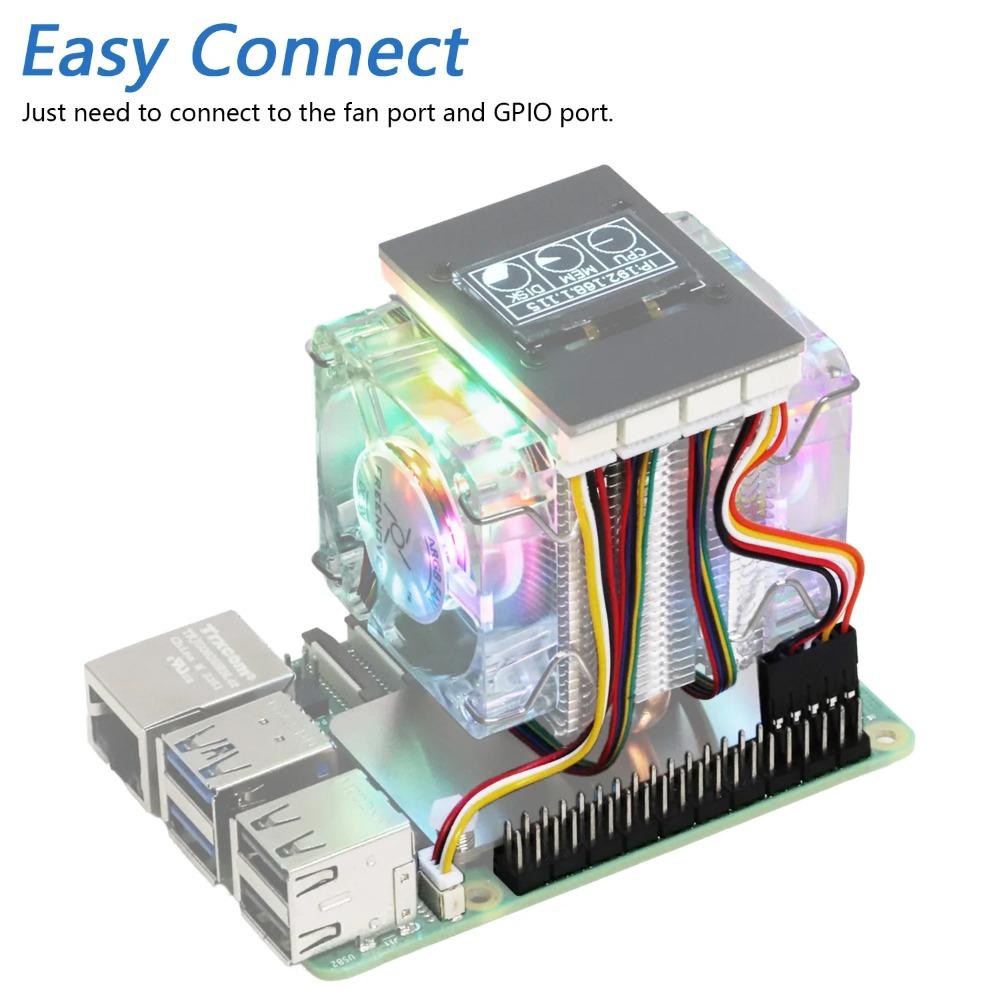 Refroidisseur Actif Freenove pour Raspberry Pi 5 Dissipateur Thermique, 1 / 2 Ventilateurs PWM Synchronisation Lumière ARGB, Écran OLED, Modes de Refroidissement et d'Éclairage Multiples