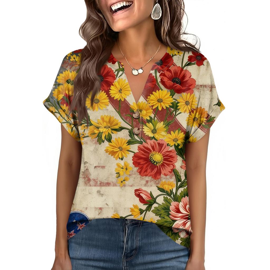 Women's Fashionable Casual Loose-Fit Short-Sleeved Button-Up V-Neck Printed T-Shirt Top