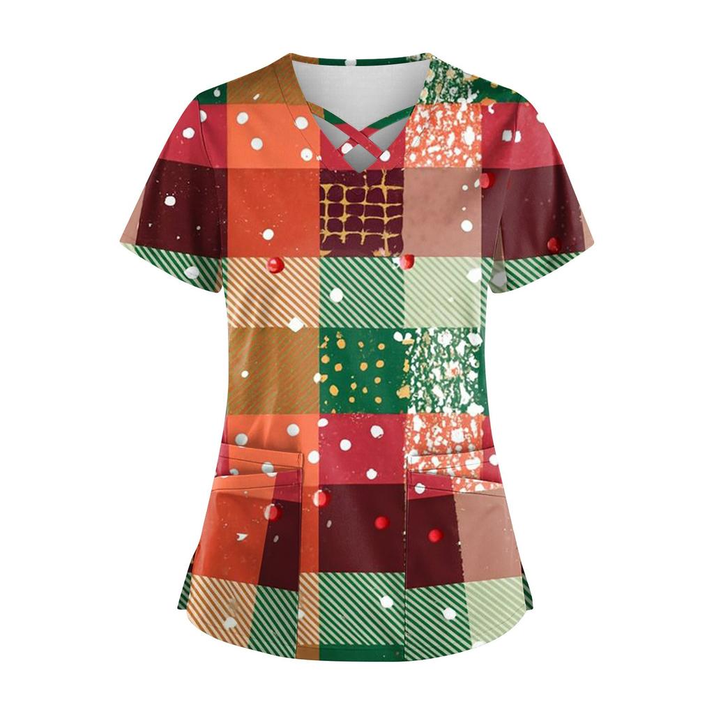 Damen Weihnachtsdruck Uniform Arbeitsuniform V-Ausschnitt Tasche Schutz Arbeitsuniform