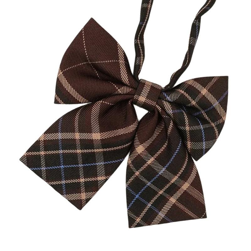 Brown Checkered Striped Neck Tie Pre-Tied Bowtie for Japanese JK School Uniform