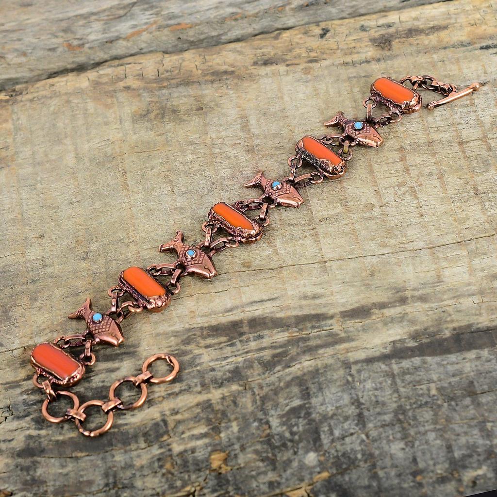 Brățară cu Piatră Prețioasă Coral Roșu Brățară din Cupru Electroformat Brățară Handmade cu Turcoaz Brățară cu Lanț Ajustabil Bijuterii cu Design Pește Pentru Cadou