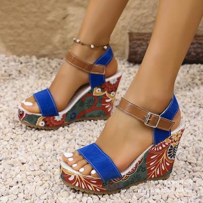 2025 New European and American Fashion Printed Round Head One-word Buckle Women's Casual Large Size Wedge Sandals