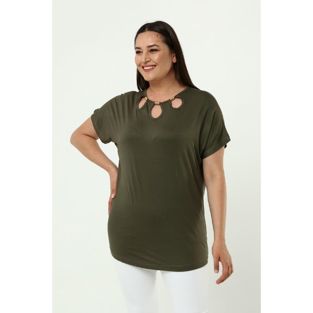 Plus Size Comfort Model Stylish Collar Detailed Cotton Curve Short Sleeve Summer Evening Dress Tunic T-shirt