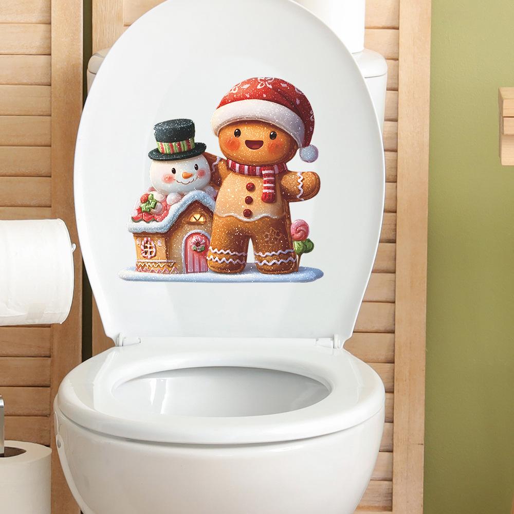 Simulated Snowman Gingerbread House and Gingerbread Man Toilet Stickers, Bathroom Decoration Stickers