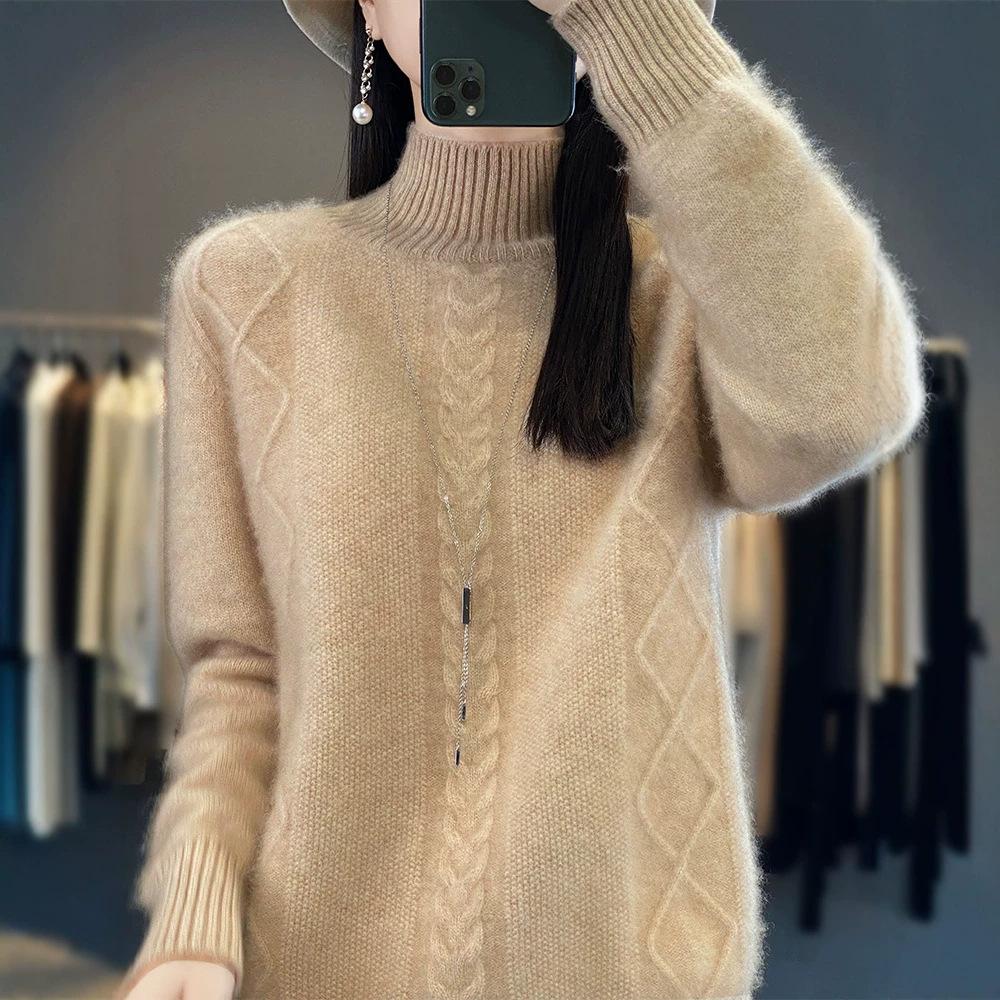 YYFS Women's Fashion Casual Fall Winter Solid Color Print Long Sleeve High Neck Sweaters
