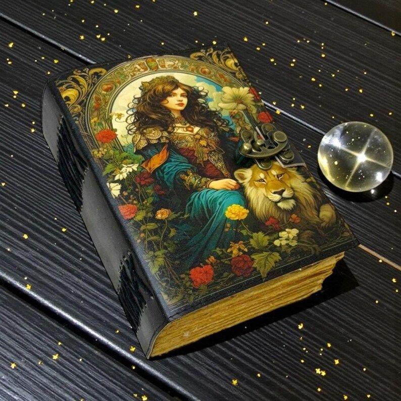 Lion & Girl Leather Grimoire: 200-Page Handmade Book of Shadows