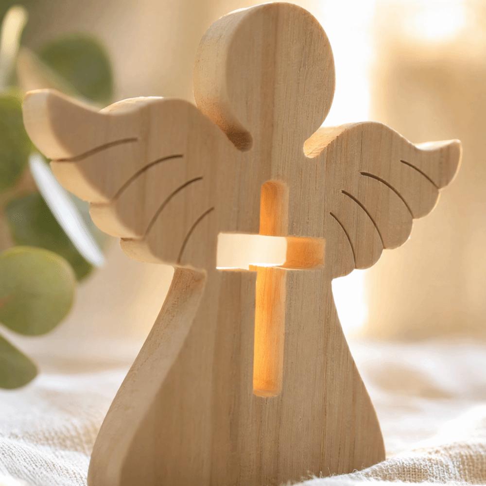 Wooden Hollow Cross Wooden Angel Tabletop Ornament Living Room Corner Shelf Display Decor