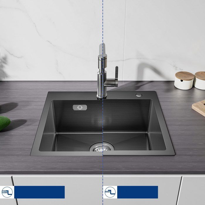 Evier cuisine 1 Bac 50×45CM inox Noir anthracite,mitigeur de cuisine Rotatif 360°