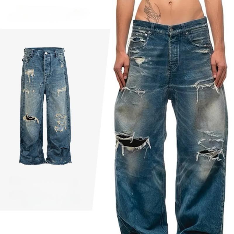 DRIPX Hole Washed Selvedge Wide Leg Blue Jeans M