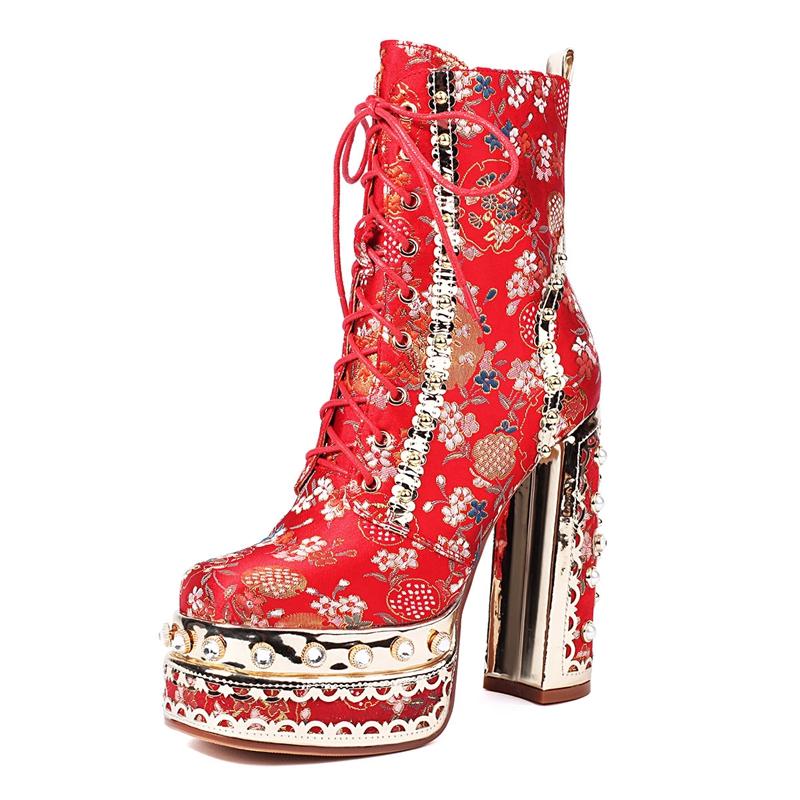 

Модные новые женские ботильоны с вышивкой жемчугом, квадратным носком, толстой подошвой, водонепроницаемые, на шнуровке, на высоком каблуке, больших размеров и для полных икр. 39