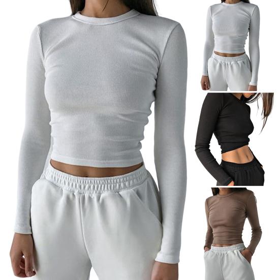 O-Ausschnitt, lange Ärmel, dünnes Strick-T-Shirt für Damen, sexy gerippter Nabel freigelegt