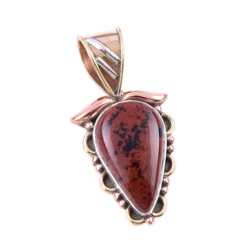 Pendentif en argent massif 925 bicolore avec obsidienne acajou naturelle 3,2 cm l0s09