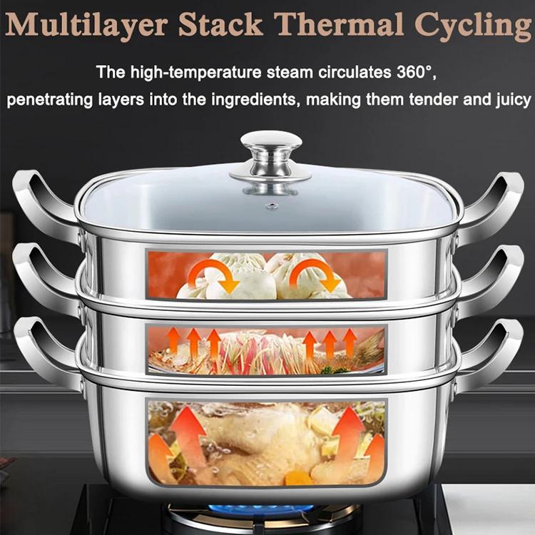 30cm Large-capacity Multi-purpose 304 316 Stainless Steel Stackable 1/2/3 Tier Square Food Steamer Pot