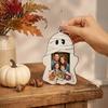 Family Photo Display Frame Halloween Cute Ghost Wooden with Hanging Rope, Creative Handcrafted Wood Holder Picture for Holiday Party Decor And