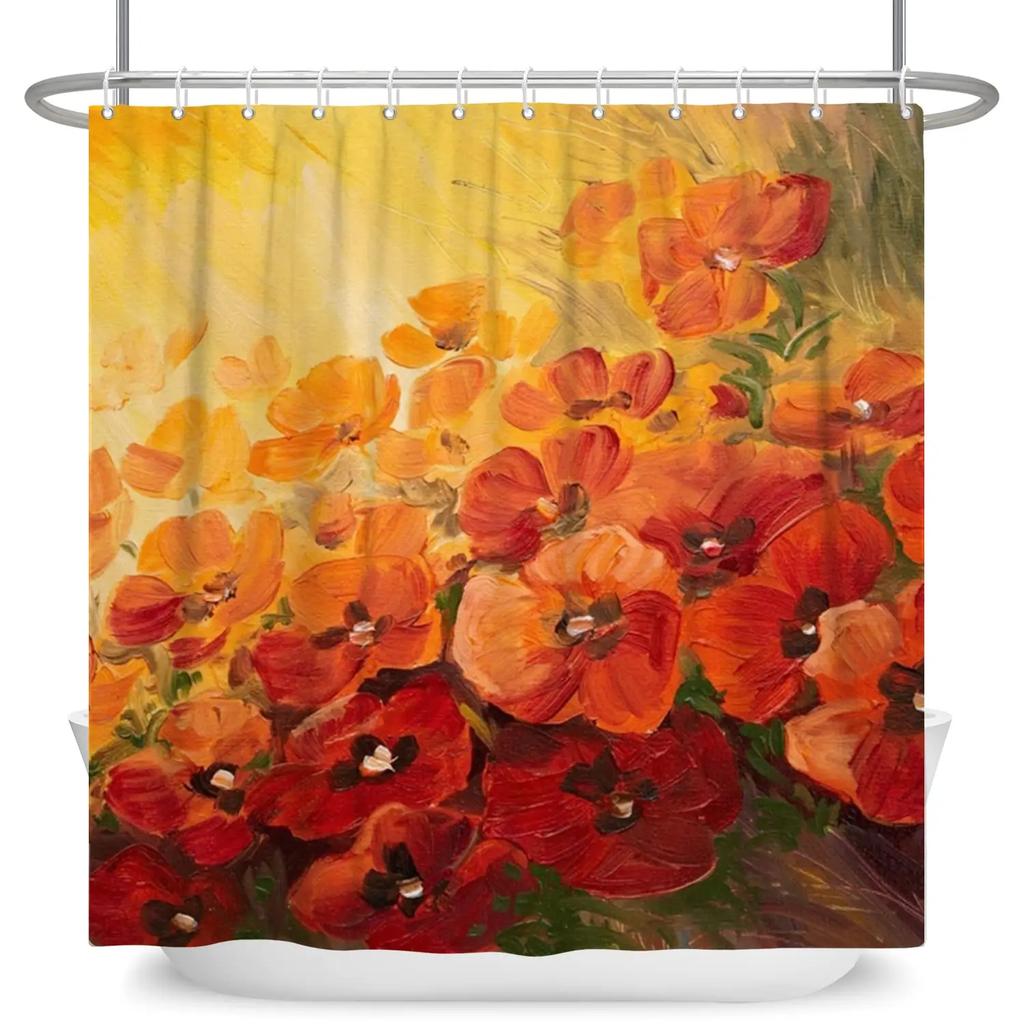 Red Poppy Flower Shower Curtain with Hooks, Washable Fabric, Bathroom Curtains, Floral