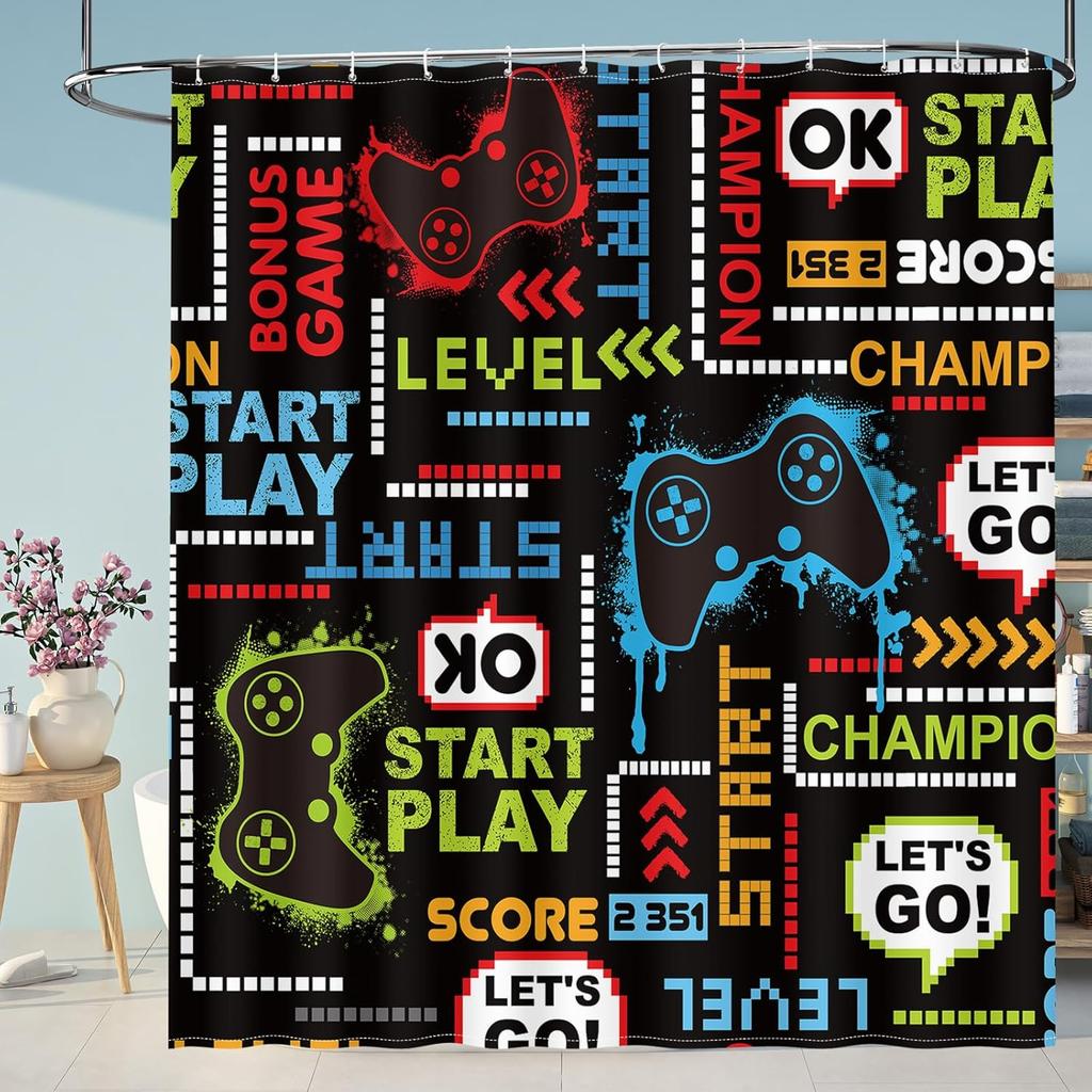 Game themed kids shower curtain-video gamepad player cool shower curtain with 12 hooks, boy bathroom decoration accessories