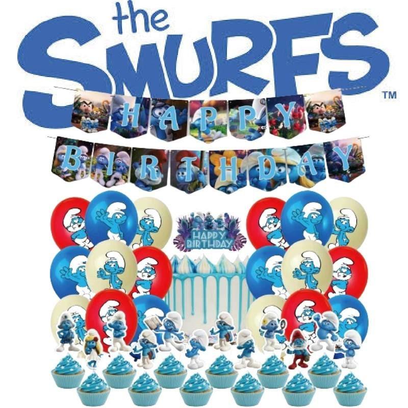 Blue Children Birthday Party Decoration Set Paper Flag Cartoon Cake Insert Balloon