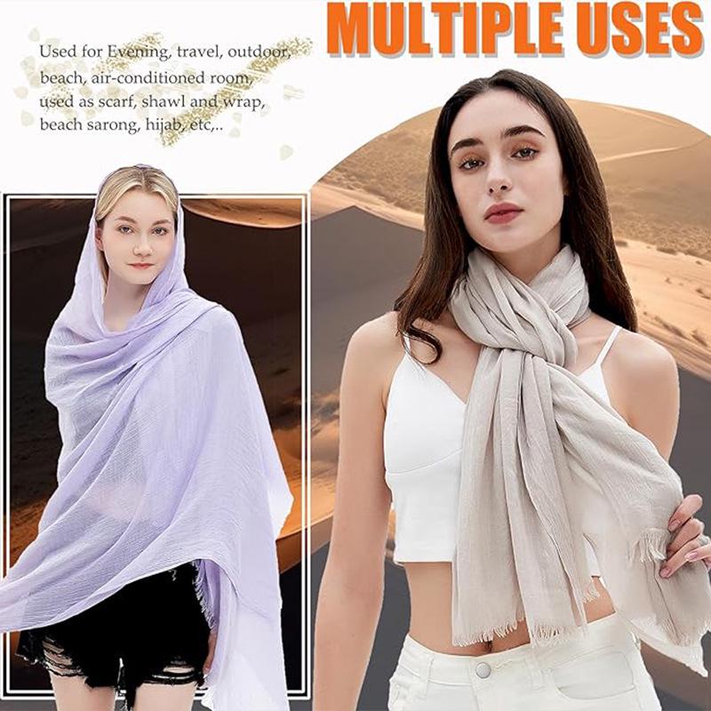Crinkled Rayon Scarf Shawl: Solid Color, Natural Wrinkle, Fringed, Beach Towel, Bride/Bridesmaid/Party Evening Dress Accessory.