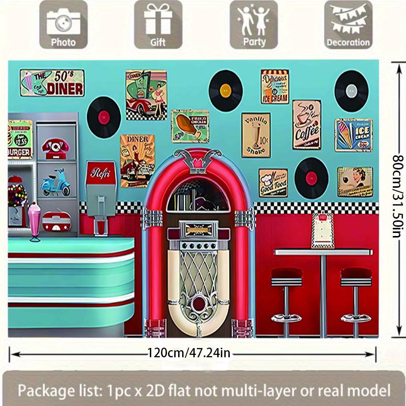 1950s Retro Diner Jukebox Backdrop Banner, 50s Sock Hop Theme Party Decor, Nostalgic Photo Background for Garage Yard Indoor Outdoor Celebration