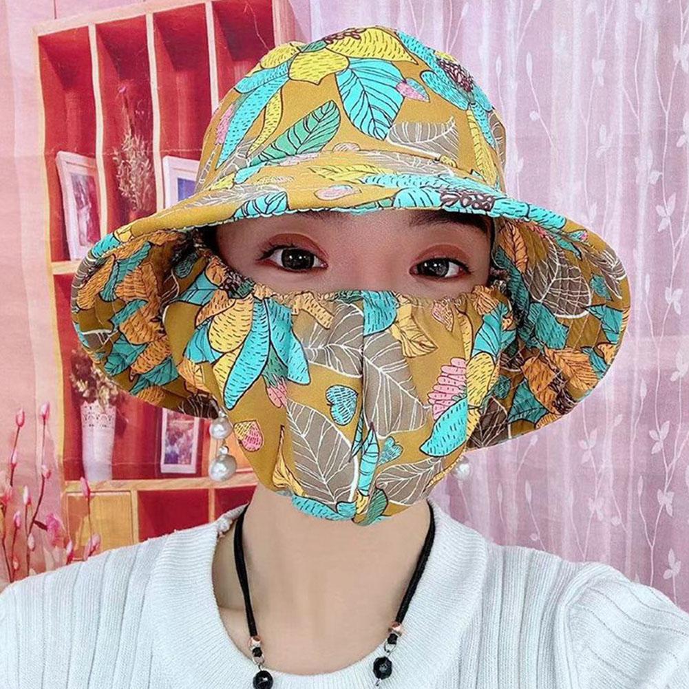 Women Anti-UV Sun Hat Beach Foldable Sunscreen Floral Print Caps Neck Face Care Wide Brim Hat New Summer Outdoor Riding