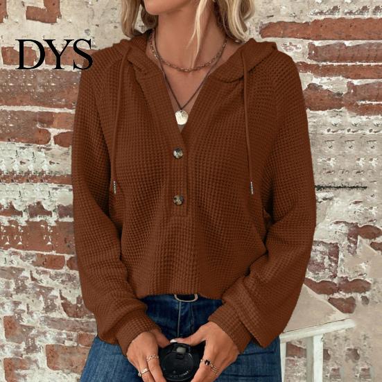 Waffle Knit Pullover Women Fall Winter Top Hooded Loose Buttons Drawstring Hoodie Pure Color Long Sleeves Daily Wear Sport Blouse