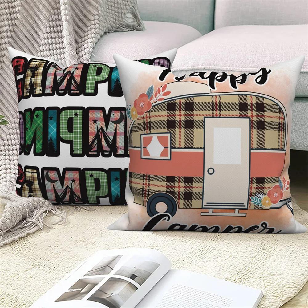 Decorative Cushion Covers Camping Bus Printed Pillow Home Sofa Throw
