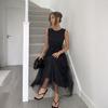 Summer New Style Round-neck Pullover Dress with Net Fabric Patchwork, Long Dress in Solid Color, with Adjustable Straps, Formal Dress for Women