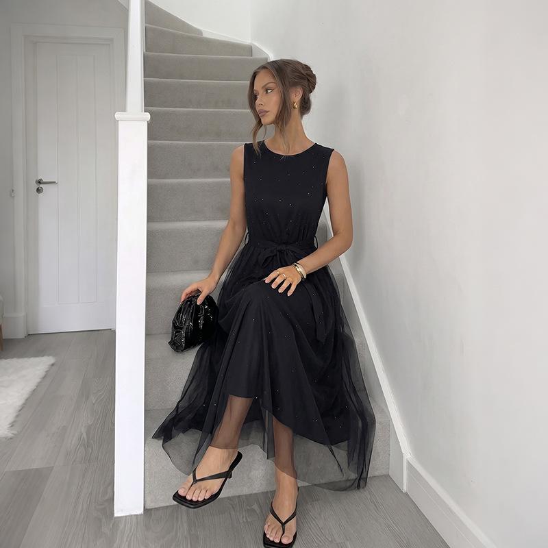 Summer New Style Round-neck Pullover Dress with Net Fabric Patchwork, Long Dress in Solid Color, with Adjustable Straps, Formal Dress for Women