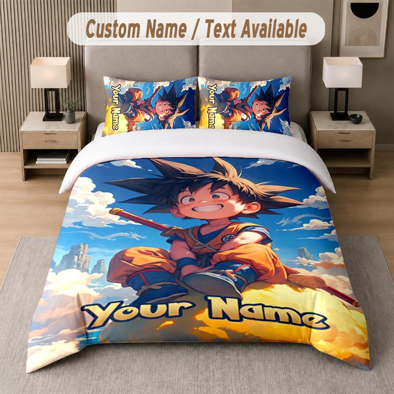 Dragon Ball 3 Parça Nevresim Takımı, Kişiselleştirilmiş Özel İsim Metni, Yatak Odası İçin 1 Nevresim Kılıfı & 2 Yastık Kılıfı