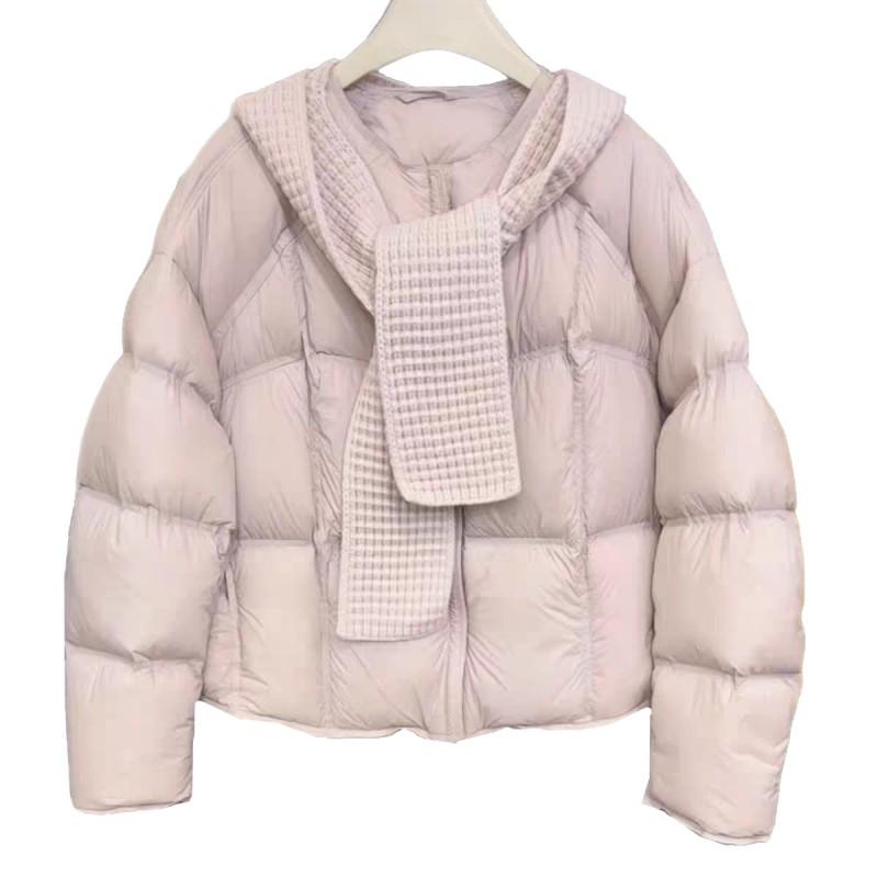 Korean Style Short Puffer Jacket With Knit Hood Womens Winter Warm Loose Thick Down Coat