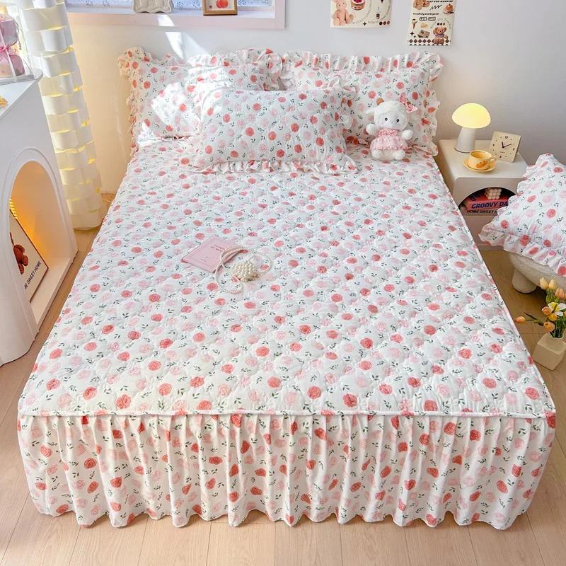 1pc Quilted Bed Skirt Four Corners With Elastic Flower Printed Thickened Mattress Bed Skirt Single/Queen/King Bed Sheet Skirt