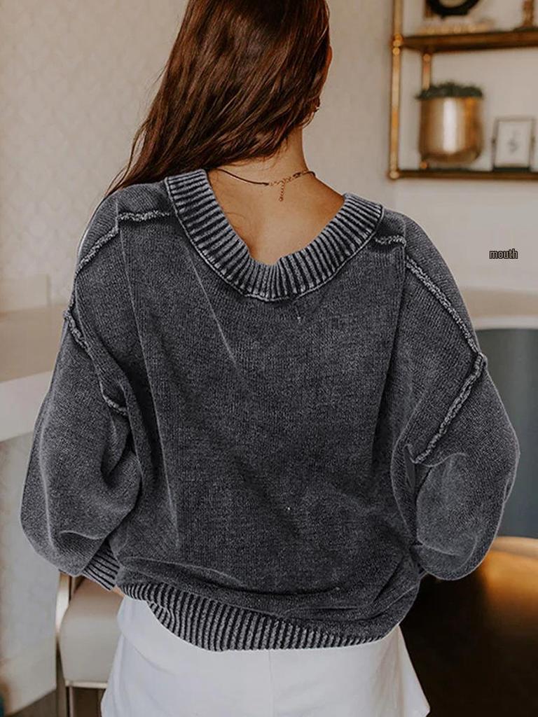 Women's Oversized V-Neck Cotton Pullover Sweater - Autumn 2025 European & American Casual Style Long Sleeve Solid Color Top