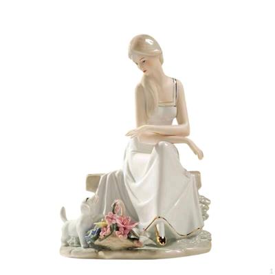 Sitting Woman and Dog Figurine European Style Ceramic with a Small Glossy Tabletop