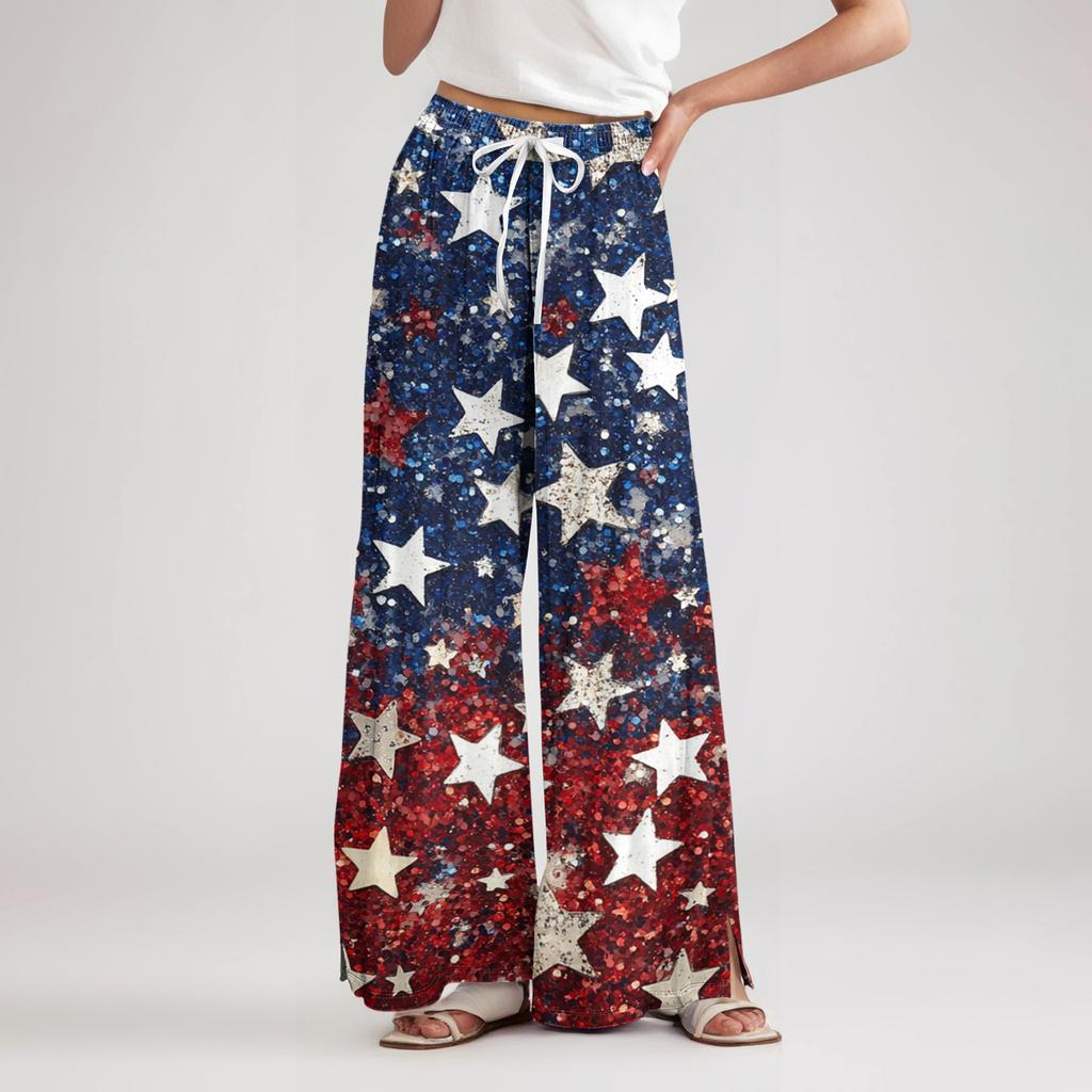 Ladies' loose casual independent day printed wide leg pants with elastic waist drawstring and pocket pants