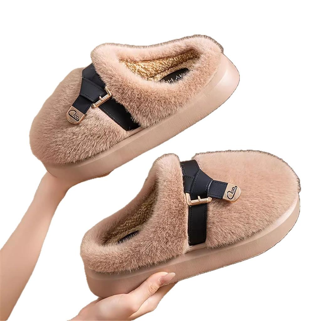 Thick-soled Fluffy Shoes Are Worn Outside In Winter, Piled and Thickened To Keep Warm, Fashionable Belt Buckle, Home Indoor Bag Head Cotton Slippers.