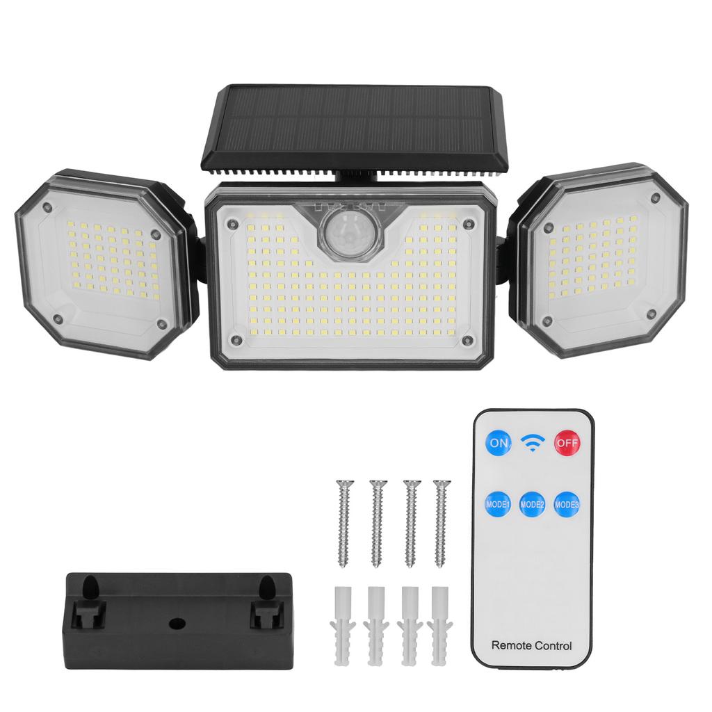 Zewnętrzne światło słoneczne z czujnikiem ruchu, 3 głowice, bezpieczeństwo, wodoodporność IP65, z pilotem, na ścieżkę