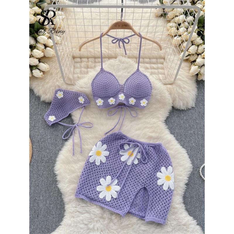 Korean Hollow Out Knitted Suits Women Halter Lace Up Bow Backless Tank Top+Drawstring Split Mini Skirt Two Pieces Sets