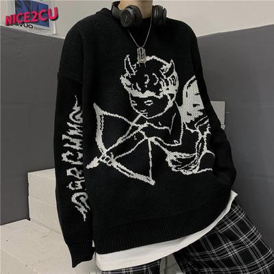 Harajuku Punk Gothic Angel Hip Hop Street Crew Neck Pullover Men Y2K Vintage Korean Thicken Loose Knitted Sweater