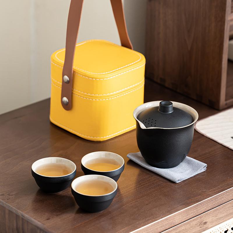 Outdoor camping kung fu teapot retro Jiangshan travel portable cover bowl set business annual meeting