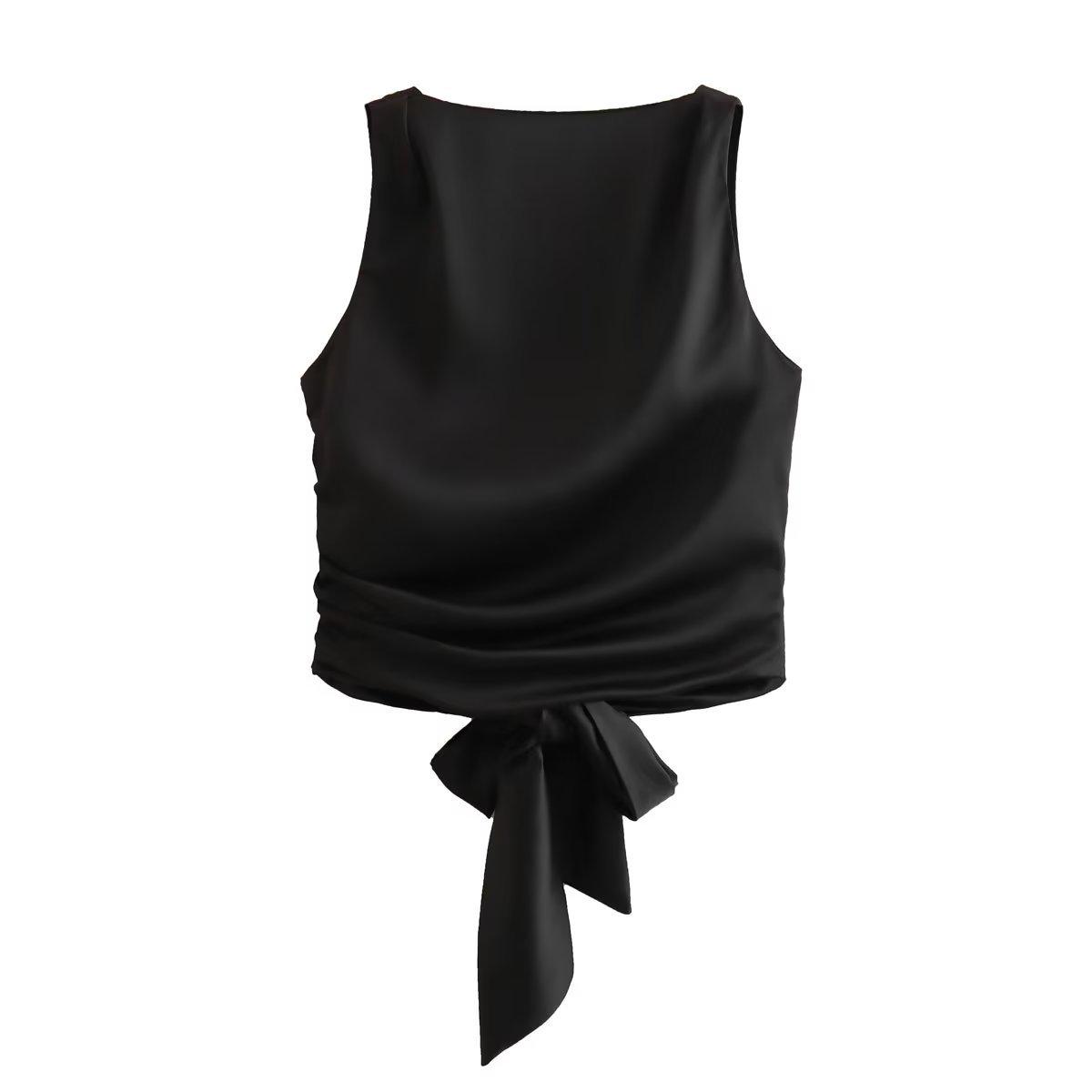 

2024 Summer European & American Style Women s Backless Tie-up Pleated Crop Top Shirt Large чёрный