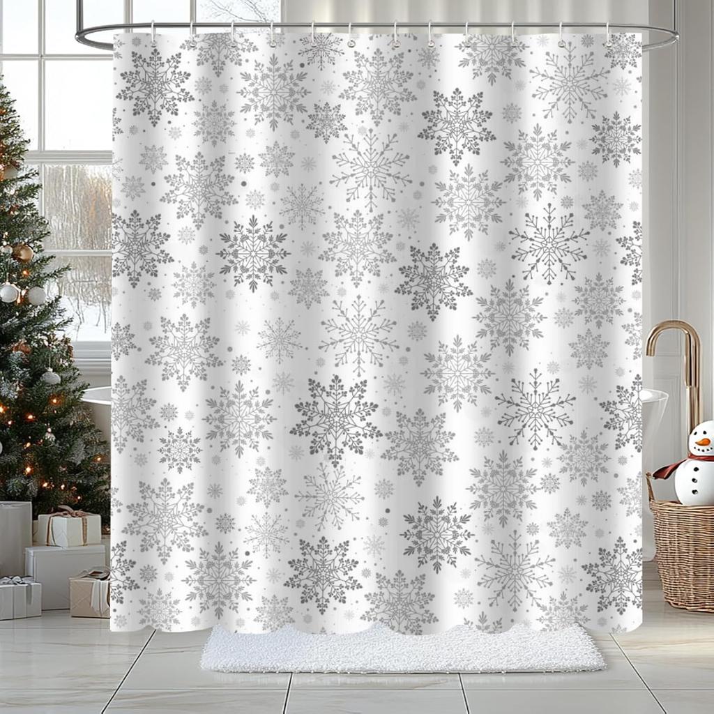 Winter Snowflake Gray White Shower Curtain Pattern Snow Shower Curtain Bathroom Christmas Decor Waterproof Polyester Fabric With