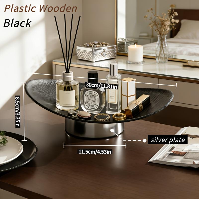 Modern minimalist storage tray with wood-grain finish—multifunctional desktop organizer, decorative tray—made of plastic