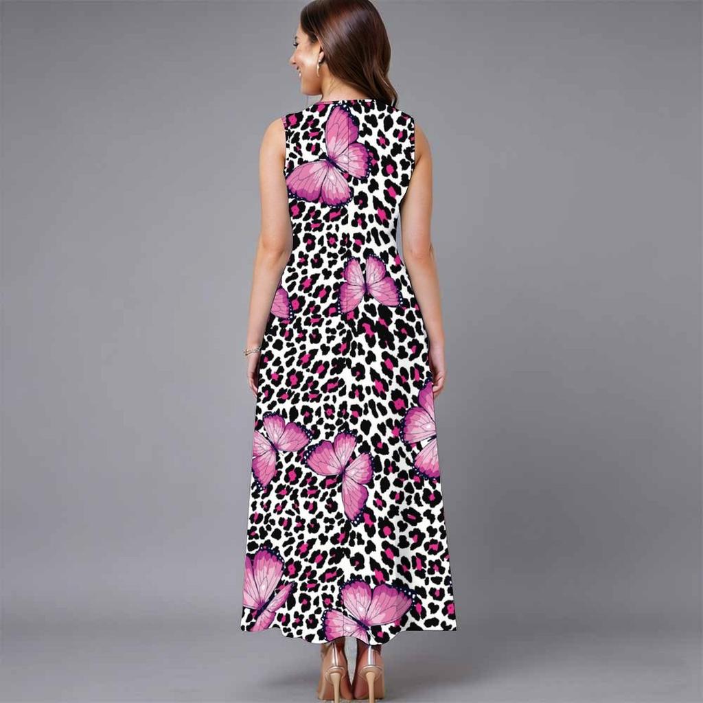 Women Plus Size Sleeveless Crew Neck Dress Soft Watercolor Floral Branches Flowy Mid Calf Gown