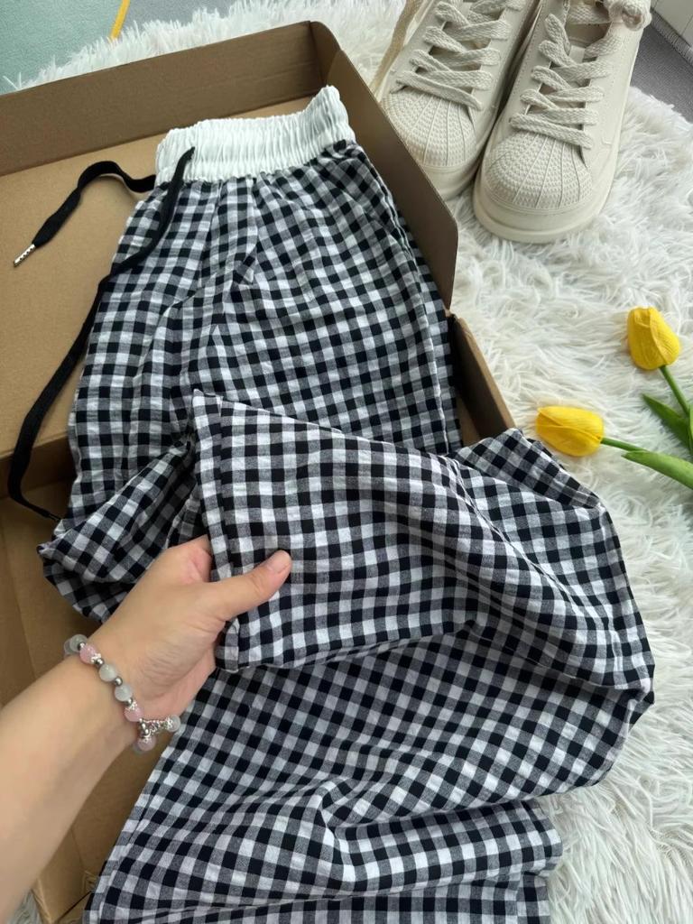 Girlish Dopamine Blue Plaid Women's Summer Wide-Leg Pants - Lazy Casual Yamamoto Style.