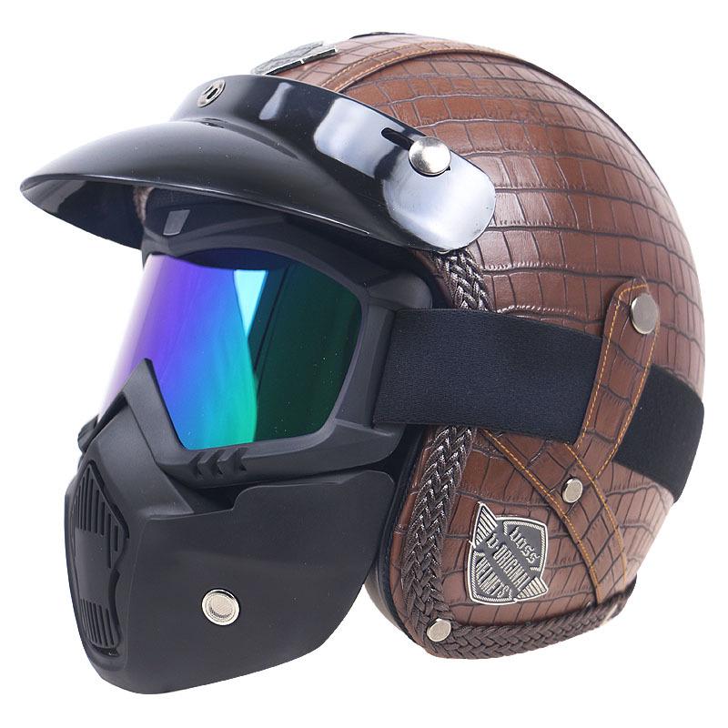 Retro Leather Motorcycle Half Helmet with Visor