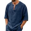 Camisa Casual de Lino para Hombre, Cuello en V, Manga Media, Corte Holgado, Tejido Ligero y Transpirable, Top de Verano