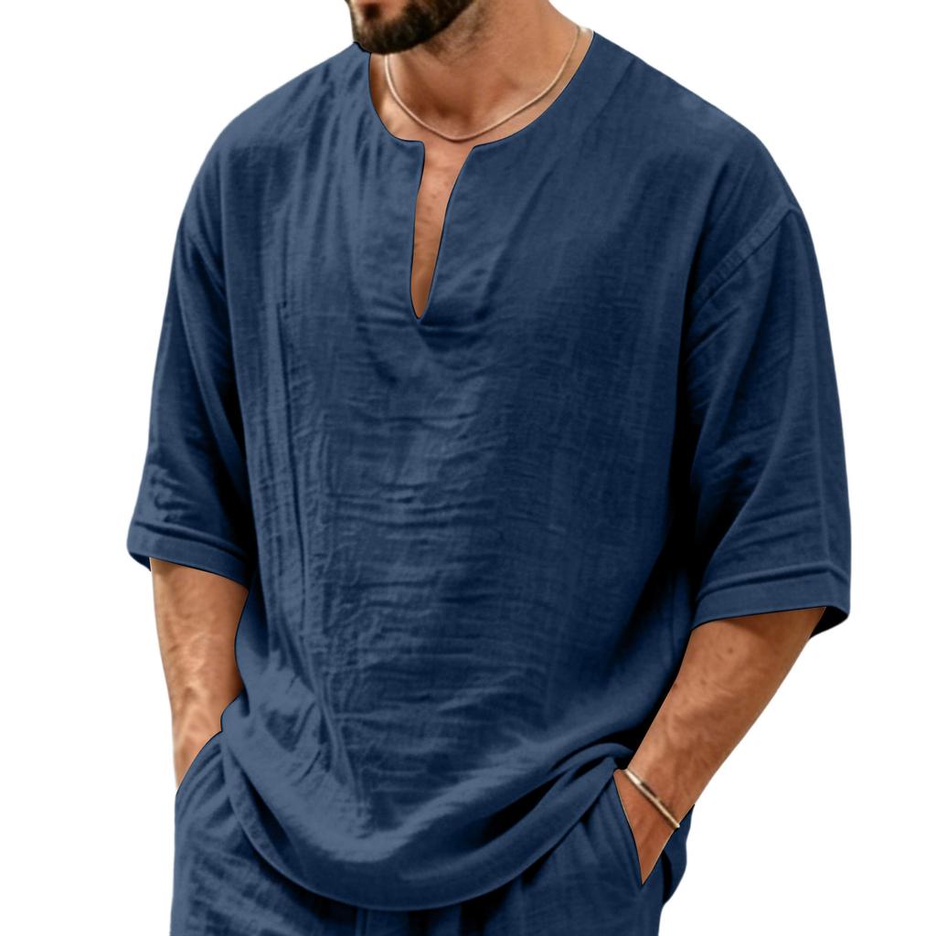 Camisa Casual de Lino para Hombre, Cuello en V, Manga Media, Corte Holgado, Tejido Ligero y Transpirable, Top de Verano
